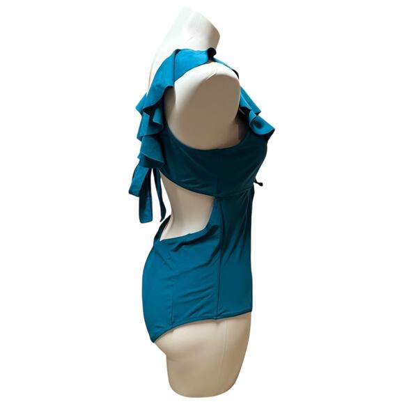 Cupshe Ruffle V-Neck Cutout One Piece Swimsuit Teal XL - Picture 5 of 6